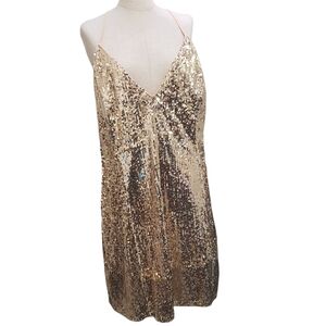 Nasty Gal Dress Sequin Embellished Gold Cross Back Mini Party New Year Size 20